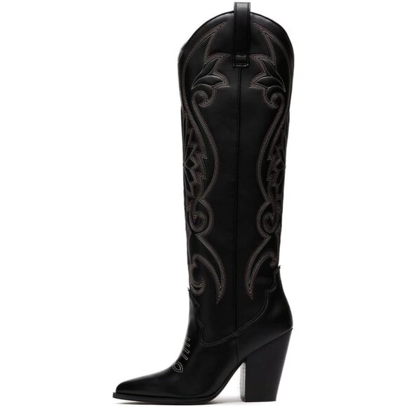 ⚡Women Black Imported Pointed Toe Chunky High Heels Pull-on Western Boots